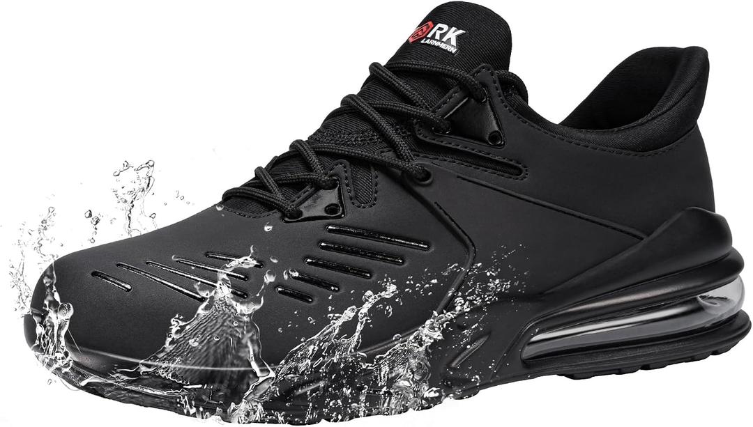 LARNMERN Steel Toe Shoes for Men Waterproof Slip Resistant Work Sneakers Athletic Durable Lightweight Comfortable Water Resistant Indestructible Construction Tennis Air Cushion (Black)