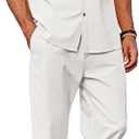 COOFANDY Men 2 Piece Linen Outfit Beach Button Down Shirt Casual Loose Pant Sets (White, L)