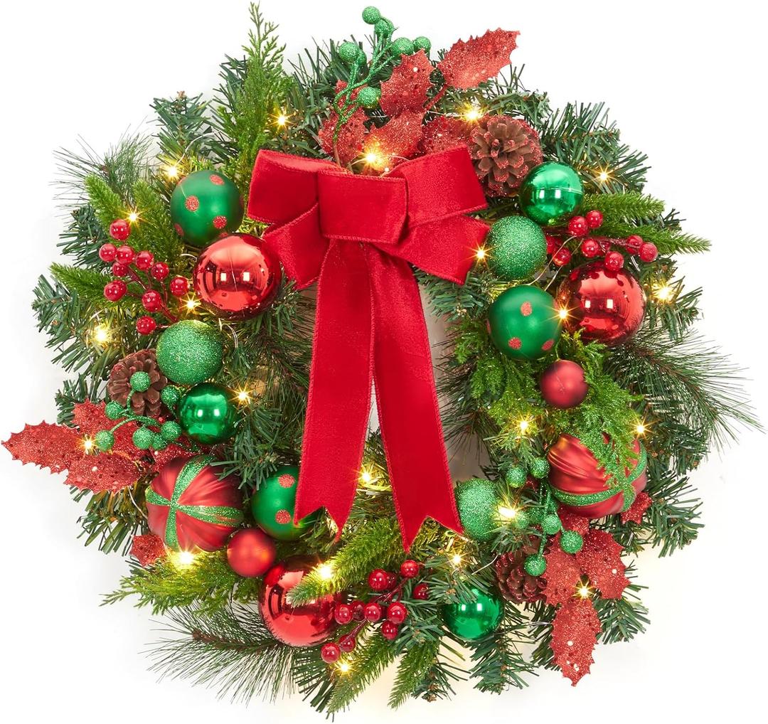 Christmas Wreath for Front Door, 22 Inch Large Outdoor Christmas Wreath, Lighted Xmas Wreath with Red Green Ball Ornaments Velvet Bow and 30 LED Lights for Fireplace Window Holiday Decor