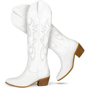 STALOV Cowboy Boots for Women Pull On Chunky Heel Boots Knee High Cowgirl Boots Western Pointed Toe Boots Embroidered Suede Boots, white, Size 7.5