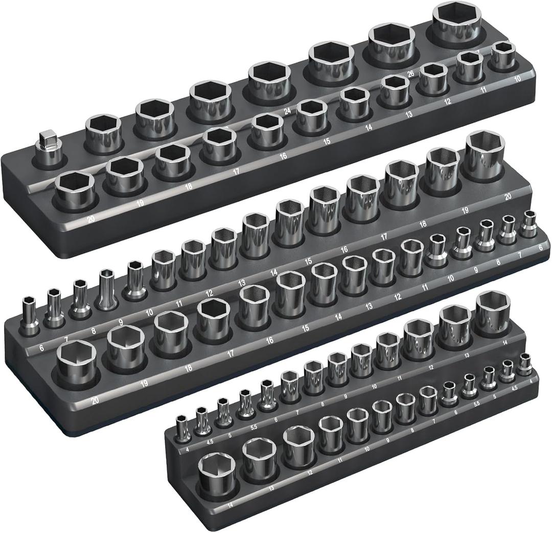 Magnetic Socket Organizer Holder Set 3-Piece Tool Organizers Including 1/4", 3/8" and 1/2" Drive Socket Holder Metric 68 Pieces Socket Trays (Sockets are not Included) Black