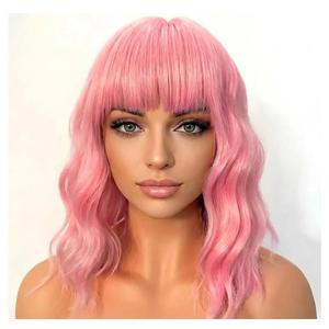 Synthetic Pink Bob Wig with Bangs for Women Loose Wavy Wig Shoulder Length Cosplay Daily Party Wig for Women (Pink, Short)