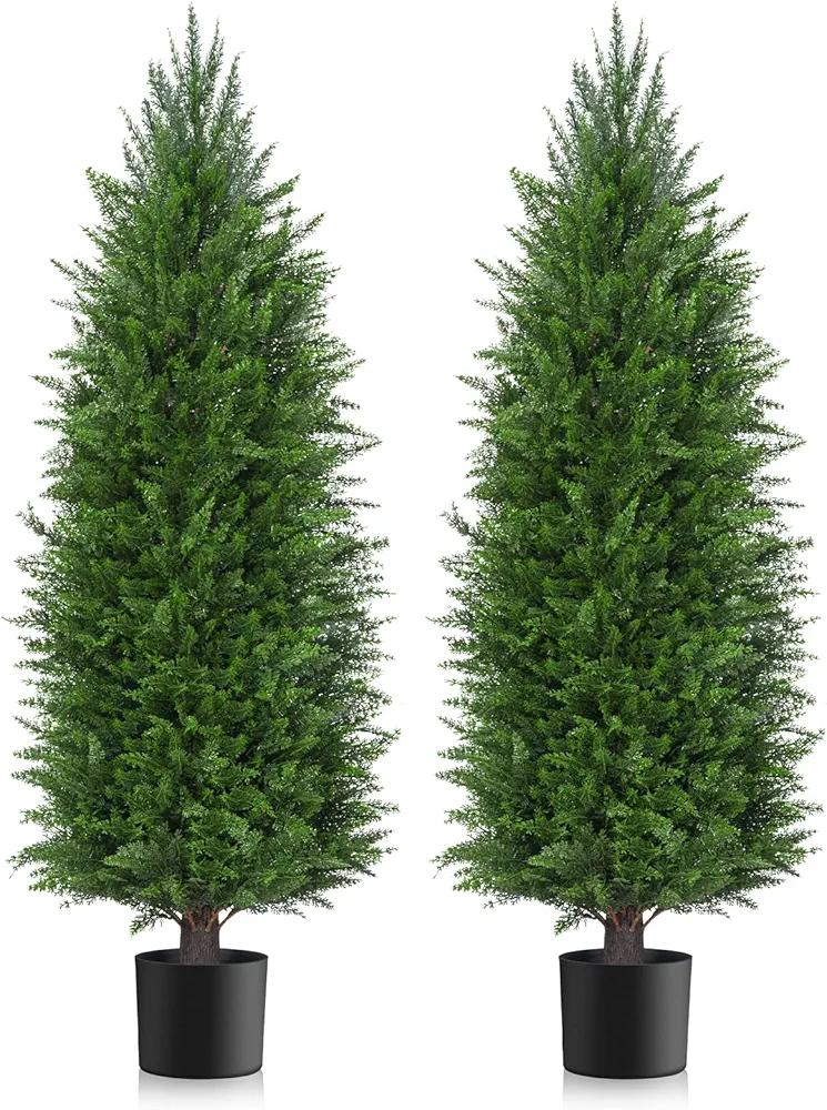 4FT Artificial Topiary Cedar Plants Outdoor, Faux Pine Trees UV Resistant and Potted, 48 Inch Tall Fake Shrubs Evergreen for Front Porch Decor Set of 2