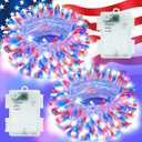 4th of July Decorations Red White and Blue Lights String Total 100 LED 33ft for Memorial Day Decorations, Battry Operated Outdoor Waterproof with Timer Patriotic for Independence Day, 2-Pack
