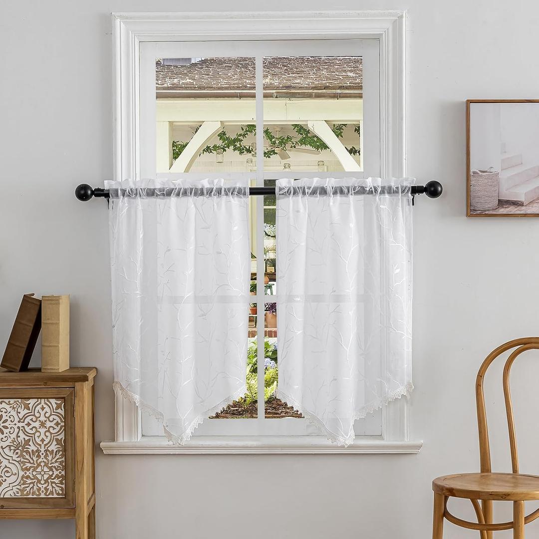 Beda Home Tassel Embroidery Sheer Curtain Valance for Kitchen Living Room; Light Filtering Rustic Short Tier for Small Windows Bedroom Privacy Added Rod Pocket Design (White 26x36-1 Pair)
