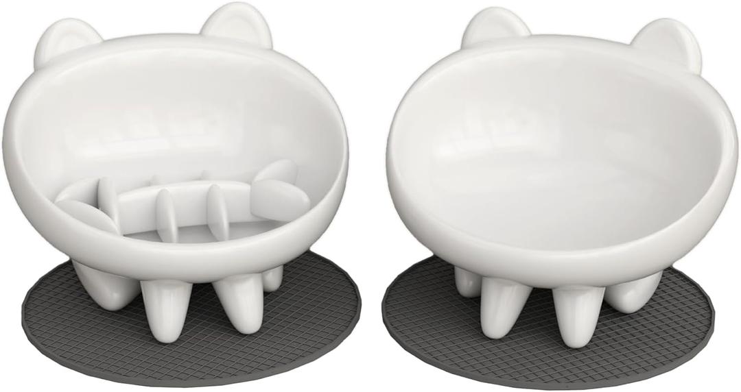 2 Pack Elevated Slow Feeder Cat Bowls  Whisker-Friendly Tilted Ceramic Bowls Anti Vomiting, Raised Feeding Station with Anti Slip Mat, Ideal for Senior Cats & Small Dogs (White)