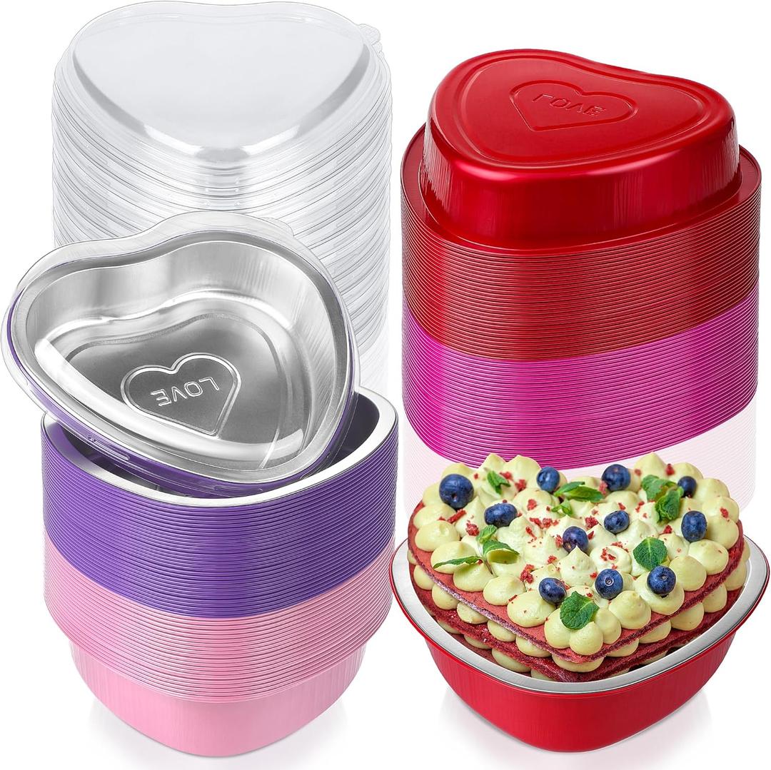 Fovths 72 Pieces Heart Shaped Cake Pans 23 Ounce Aluminum Foil Heart Shaped Cupcake Pans with Lids Disposable Extra Large Dessert Flan Baking Cups for Valentine Cooking, Red, Purple, Pink and Hot Pink