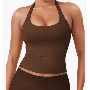 YEOREO SoftHue Women's Impact Halter Tank Top Longline Backless Scoop Neck Built-in Bra Sports Workout Gym Crop Top M