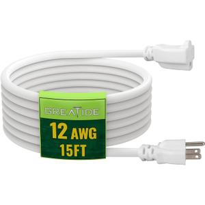15 Ft Outdoor Extension Cord - 12/3 SJTW Heavy Duty White Extension Cable with 3 Prong Grounded Plug - Power Cord for Lawn, Garden, Appliances