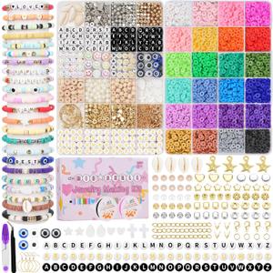 Mio Angle Clay Beads 2 Boxes 24 Colors Bracelet Making Kit, Round Letter Beads with Charm and Elastic Strings, Friendship Bracelets Holiday Gifts for Girls Adults