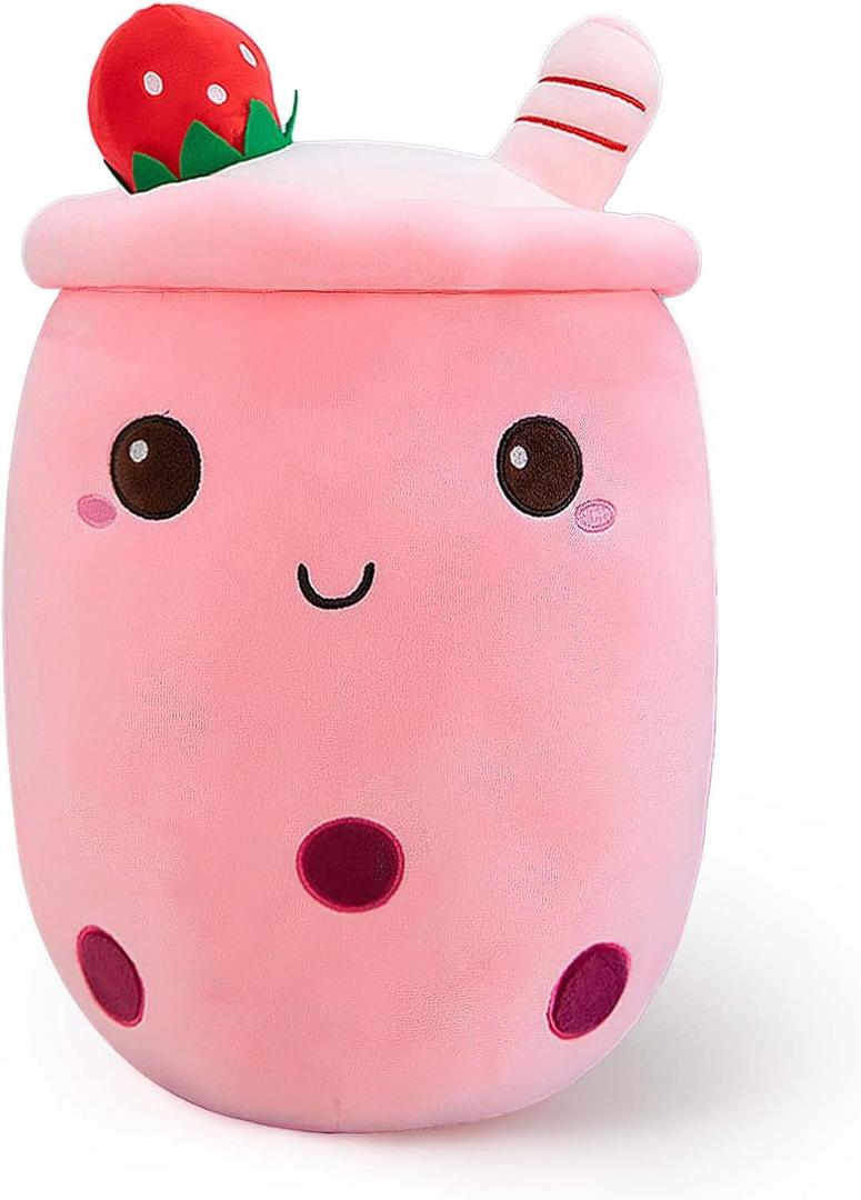 Ditucu Cute Boba Tea Plush Stuffed Bubble Tea Plushie Cartoon Soft Strawberry Pillow Home Hugging Gift for Kids Pink 9.4 inch (Pink a)