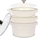 QuliMetal Enameled Cast Iron Set 5-Pc, 10" Stackable Space-Saving Cookware Set, Dutch Oven, Skillet, Grill Pan, with 2 Universal Lid, Versatile Enamel Dutch Oven, Included Spacers, White, 5.2Qt Dutch Oven, 10-Inch Skillet, 4Qt Grill Pan