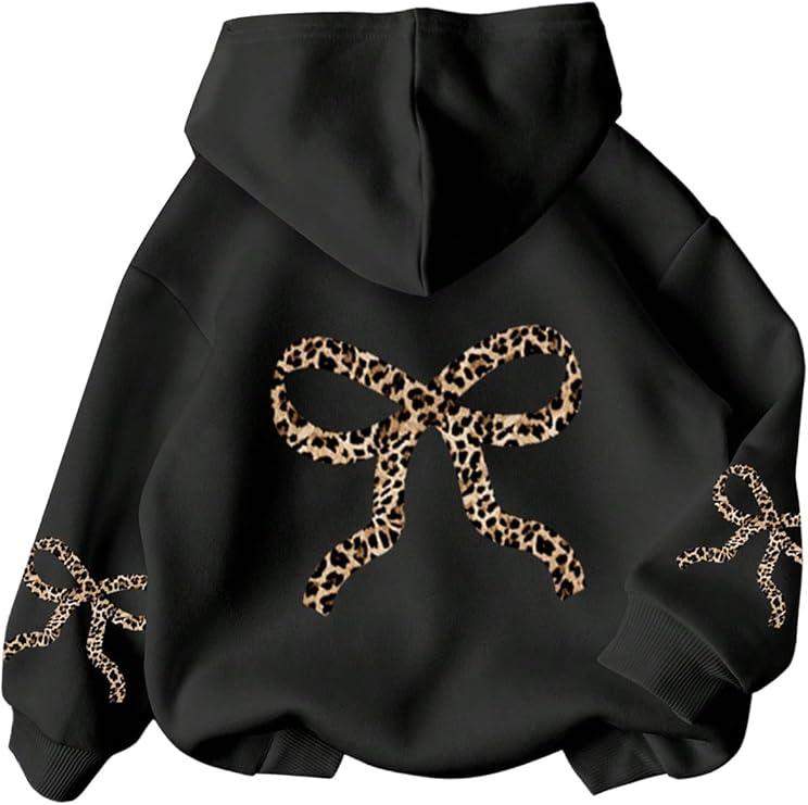 RoseSeek Girl's Bow Cheetah Leopard Hoodies Long Sleeve Pullover Tops Preppy Cute Sweatshirts Hoodies, 16Y