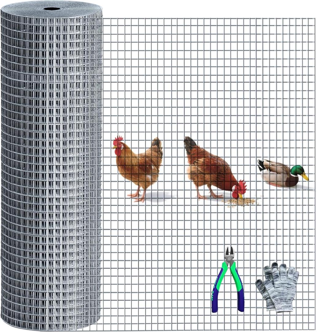 Chicken Wire Fencing Hardware Cloth 1/2 inch 19 Gauge Rust-Resistant Mesh Roll with Snips/Gloves for Chicken Coop/Vegetable/Garden/Plants/Poultry Enclosures/Tree/Gutter Guards 16 inch x 50 ft