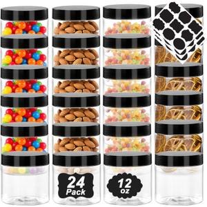 12oz Plastic Jars with Black Lids, 24 Pack Clear PET Jars Containers with Airtight Lids, Leakproof Round Plastic Storage Jar for Dry Food Storage, Candy, Crafts, or Cosmetics