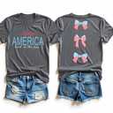Fussinatioanry American Flag Patriotics T Shirts for Women USA 4th of July Tee Red White Blue Bow Graphic Short Sleeve Casual Tops,Grey,2XL