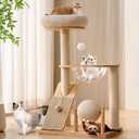 HITTITE Solid Wood Cat Tree Tower with Scratching Post, 37.8 Inches Tall Cat Towers with Scratching Board and Scratcher Ball, Modern Cat Tower With Space Capsule and Removable Top Bed for Indoor Cats. (White)
