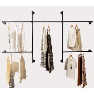 Industrial Pipe Clothes Rack Wall Mounted Clothing Rack,Heavy Duty Iron Pipe Garment Rods,Detachable Multi-Purpose Clothing Hanging Rod/Garment Bar, Black