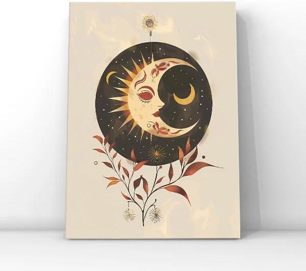HSFFBHFBH Boho Celestial Sun Moon Wall Art Canvas Print | Spiritual & Mystical Home Decor for Bedroom/Living Room | Premium Giclee Art - Stretched and Ready to Hang 16x24inch