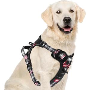 PUPTECK No Pull Dog Harness for Large, Adjustable Reflective Dog Harness with Handle Easy Control, Comfortable Soft Padded Pet Vest Harness for Large Dogs, Plaid Black XL