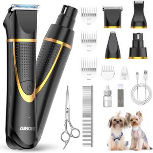 Small Dog Grooming Kit, 4 in 1 Electric Cordless Dog Paw Trimmer with Nail Grinder, Low Noise Dog Nail Trimmers, IPX7 Waterproof Small Dog Grooming Clippers for Paws, Ears, Face, Hip Hairl
