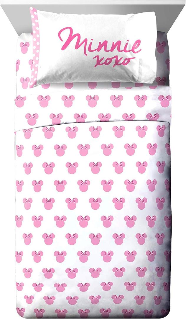 Jay Franco Kids Sheet Set with Fitted, Flat Sheets & Pillow Cover - Ultra-Soft Bedding with Pillowcase for Room Decor, White - Minnie Mouse, 3 Piece Twin