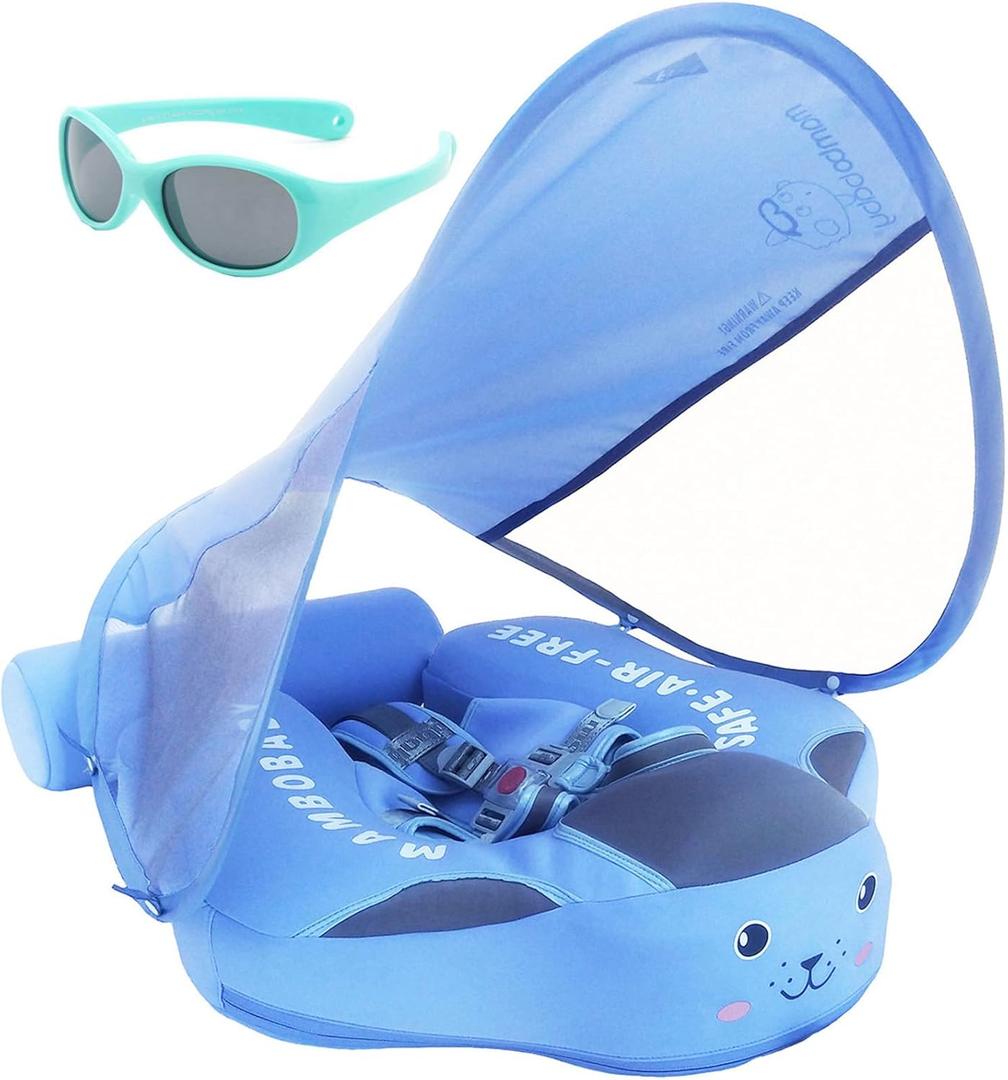 Mambobaby Float with Canopy and Tail New Upgraded Non-Inflatable Baby Pool Float Mambo Float Swim Trainer Solid Infant Swim Float Adjustable Pearl Foam Baby Swim Ring (blue cloth)