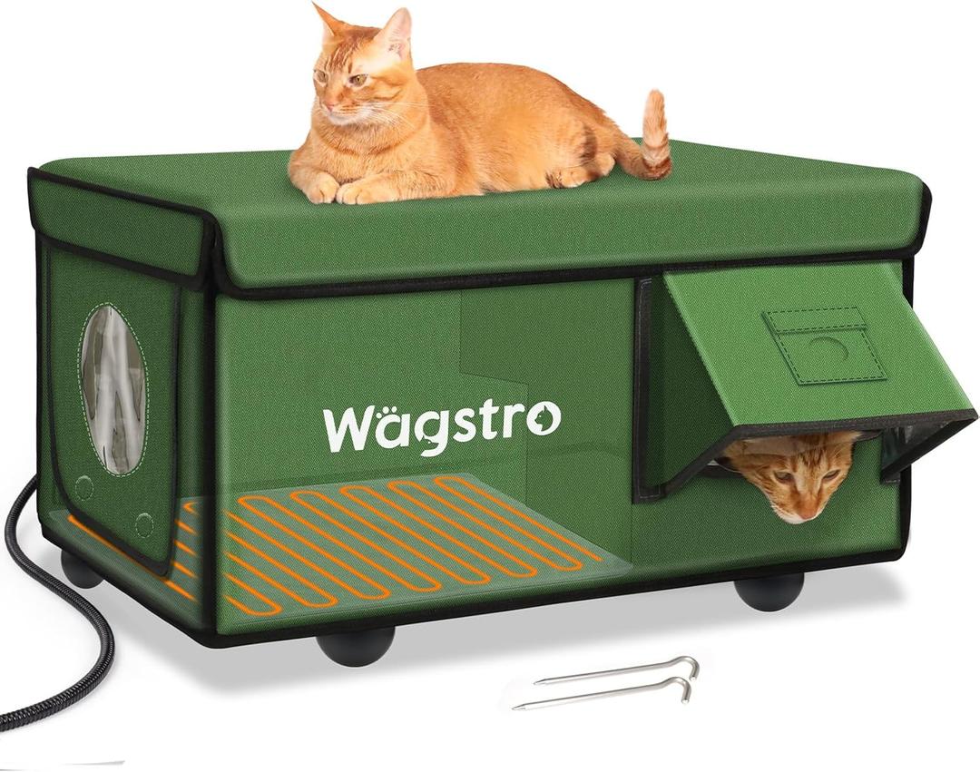 Heated Cat House for Outside, Waterproof Awning & Escape Door Heated Cat Houses for Indoor/Outdoor Cats in Winter, Elevated & Insulated Outdoor Cat Shelter for Feral Cat (Green, 25.2"x16.5"x12.2")