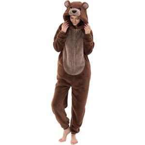 Snug Fit Unisex Adult Onesie Pajamas, Flannel Cosplay Animal One Piece Halloween Costume Sleepwear Homewear (Small, Borwn Bear)