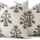 MIULEE Set of 2 Vintage Pillow Covers Neutral Decorative Floral Throw Pillows Block Print Boho Farmhouse Cushion Covers for Modern Rustic Home Decor Sofa Bed Living Room, 18 x 18 Inch, Brown