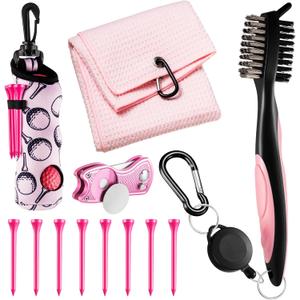 Liliful 12 Pcs Golf Accessories Kit, Include Golf Ball Bag with Hook Towel Tees Magnetic Ball Marker Divot Tool Cleaner Brush for Women Man Gifts (Pink)