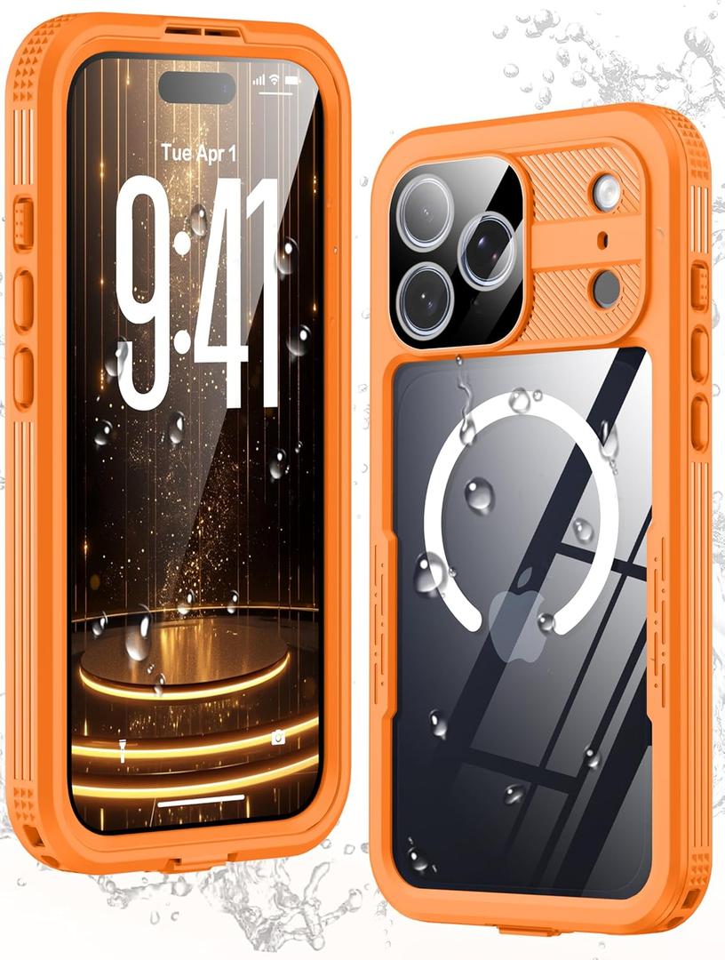 GOLDJU Magnetic for iPhone 17 Pro Max Case-Waterproof, Built-in Screen & Camera Protector-IP68 Underwater Full Body 16FT Military Dropproof Shockproof Case for 17 Pro Max 6.9''- Orange