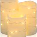 H-BLOSSOM Flickering Flameless Candles Ivory Real Wax Pillar with Embedded String Lights LED Candles Battery Operated with Cycling 5H Timer Set of 3 (3" x 4"/5"/6") (Ivory)