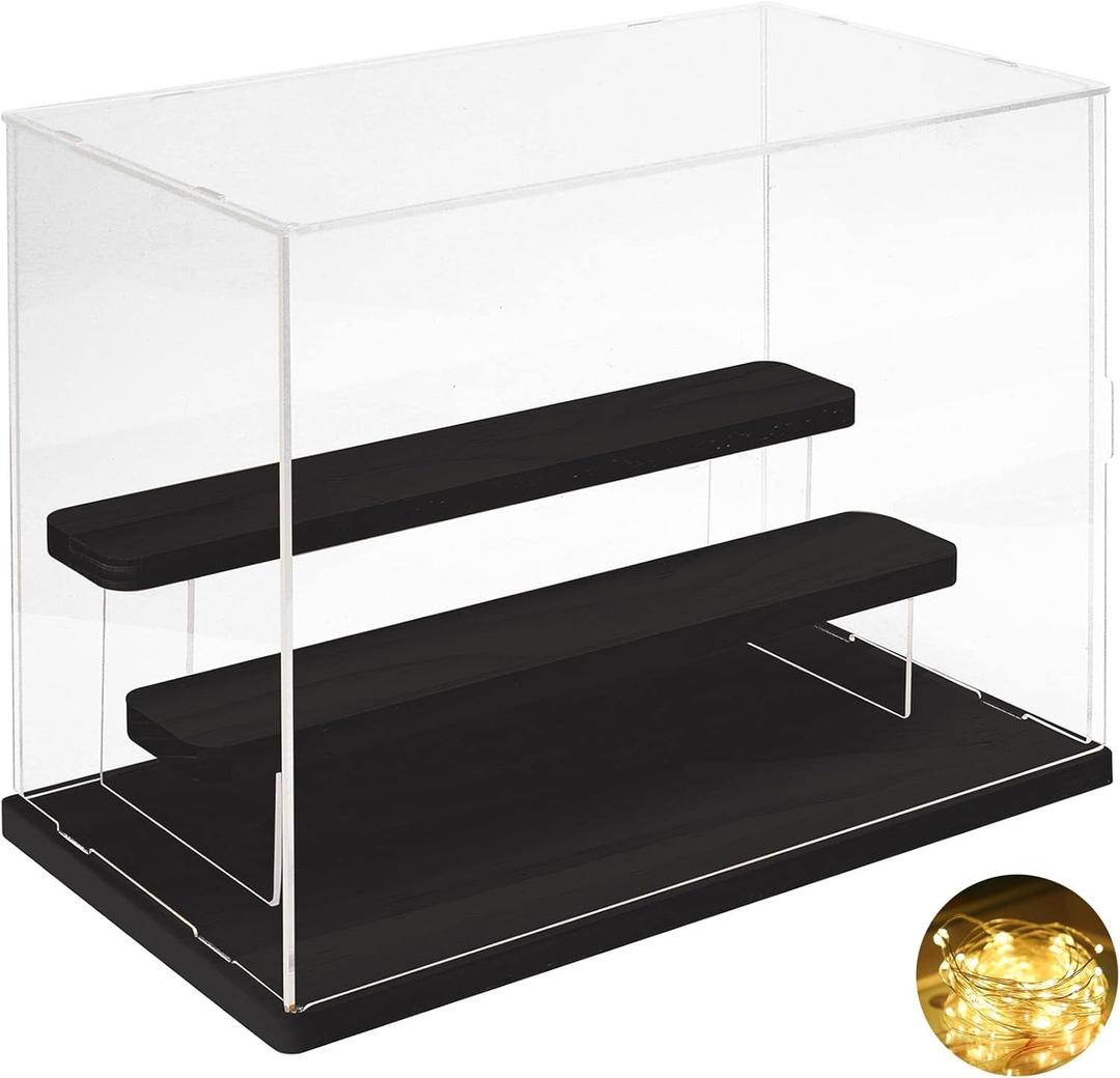 3-Tier Acrylic Display Case for Collectibles Clear Funko POP Figure Display Case with Door, Countertop Minifigure Display Case, Dustproof Small Acrylic Storage Organizer Box with Wooden Base (3-level(12.5x7x10 inch), Black)