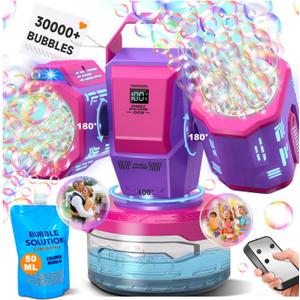 Rechargeable Bubble Machine with RGB Lights: 30,000 Bubbles/Min Storm, Auto 360 Rotation, Battery% Display - Remote Control Bubble Maker for Romantic Wedding, Kids Party & Outdoor Events