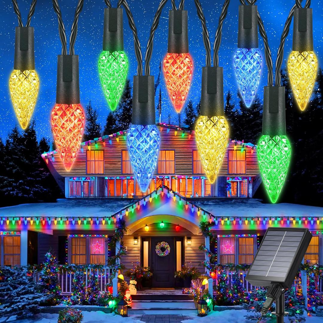 iBaycon Solar C6 Christmas Lights Outdoor, 48FT 100LED C6 Strawberry String Light, 8 Modes Solar Powered Lights String for Xmas Tree House Eaves Roof Christmas Holiday Decorations