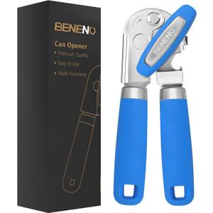 Beneno Heavy Duty Hand Can Opener Manual with Magnet, Durable Sharp Carbon Steel Blade Smooth Cutting, Big Effort-Saving Knob & Soft Grip Handle, Multifunctional Bottle Opener, Klein Blue