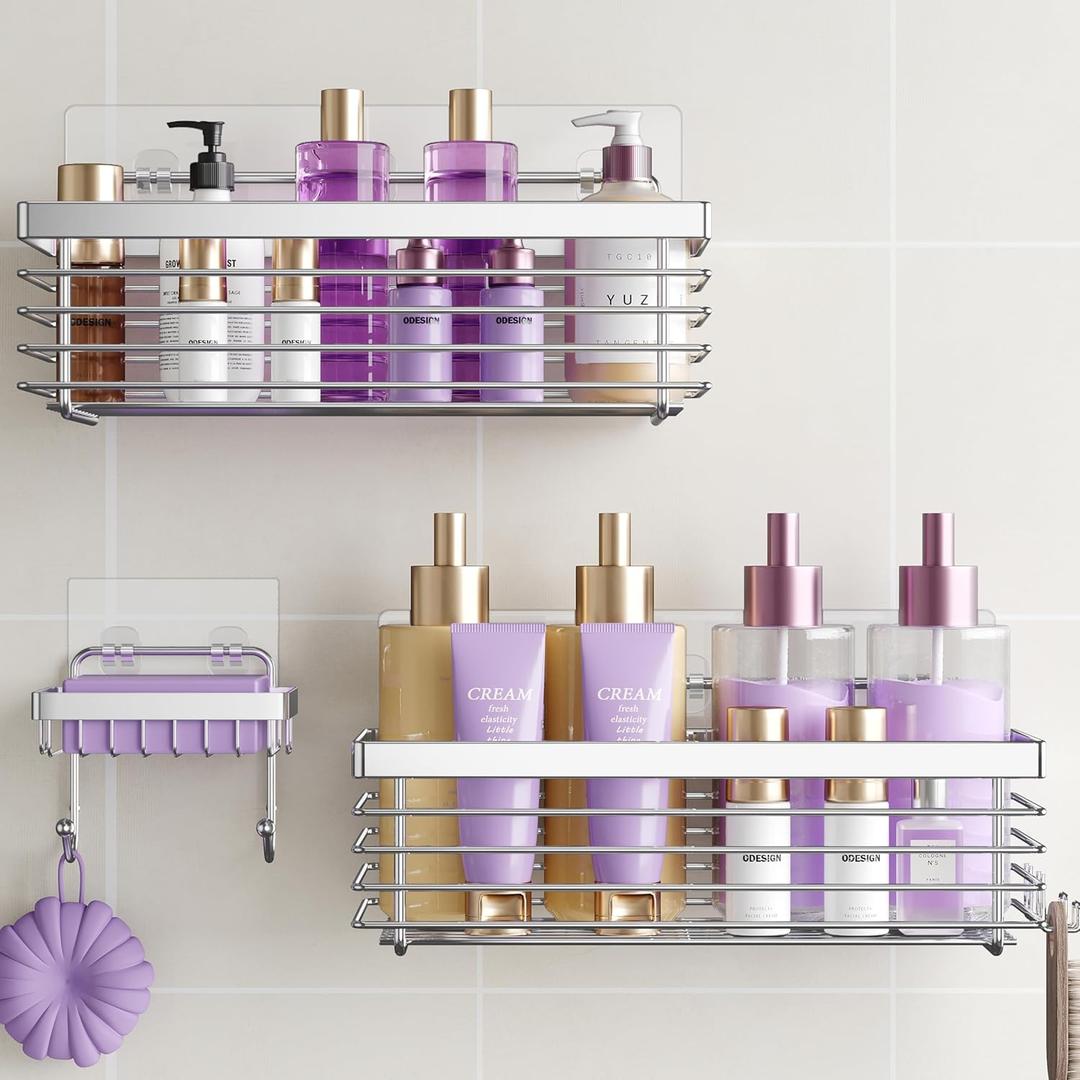 ODesign Shower Caddy 3 Pack SUS304 Stainless Steel-No Drilling-Shower Bathroom Shelves Rack,Rustproof Wall Mounted,Adhesive Shower Shelf Basket Organizer, Silver