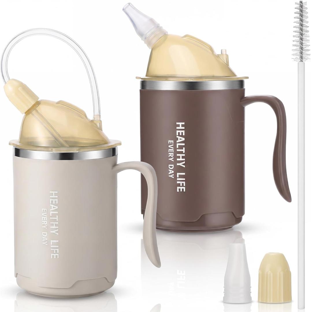 2 Pack Adult Sippy Cups, 14oz Spill Proof Cups with Straw for Elderly, 3 in 1 Stainless Steel Cup with 3 Lids & Handles, No Spill Cup for Seniors, Water Milk Soup (grayish Brown & Beige)