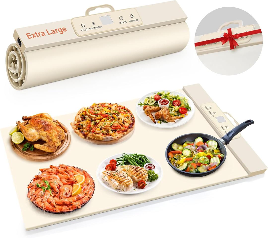 Food Warming Mat,Full Surface Heat Electric Warming Tray,5 Temp-Settings Warming Mat for Food,Portable Silicone Food Warmer Mat with Handle,Food Warming Mat for Buffet,Parties,Gatherings (Beige)