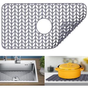 Silicone Kitchen Sink Protector Mat, 26" × 14" Center Drain, Gray, For Farmhouse Stainless Steel Or Porcelain Sink