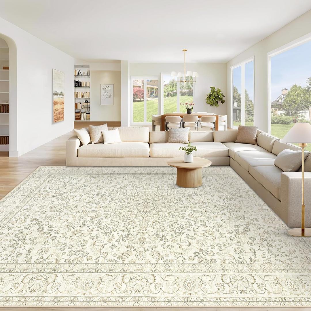 Area Rug 9x12 Washable Rug, Vintage Boho Medallion Rugs Non-Slip Soft Low Pile Large Distressed Rug Indoor Retro Carpet for Living Room Bedroom Dining Room Home Office (IvoryBeige, 9'x12')