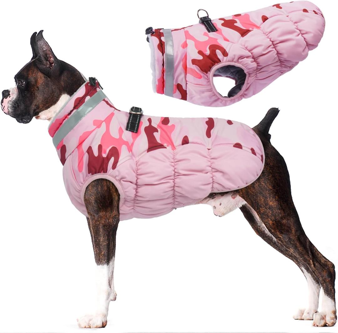 Lelepet Warm Dog Winter Coat Dog Coats for Large Dogs Waterproof Dogs Jacket with Harness Built in Reflective Cold Weather Coats Windproof Zip-Up Winter Fleece Vest Snowsuit Boxer Pink Camo XL