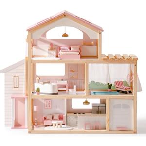 ROBOTIME Wooden Dollhouse, Doll House with 29 Pieces Furniture Set - Pool and Elevator, Wooden Doll House for 4, 5, 6-Inch Dolls, 6 Rooms Pink Dollhouse Gift for Kids Girls Ages 3+ (Pink)
