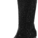 Womens Rhinestone Cowboy Boots Mid Calf Pointed Toe Sparkly Block Heel Cowgirl Boots with Pull On Tabs (6.5, Black)