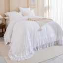 Masaca Oversized King Comforter 128x120,White Shabby Boho Chic Farmhouse Bedding Comforter with Ruffles,3 Pieces Vintage Lightweight and Soft French Country Bedding Set