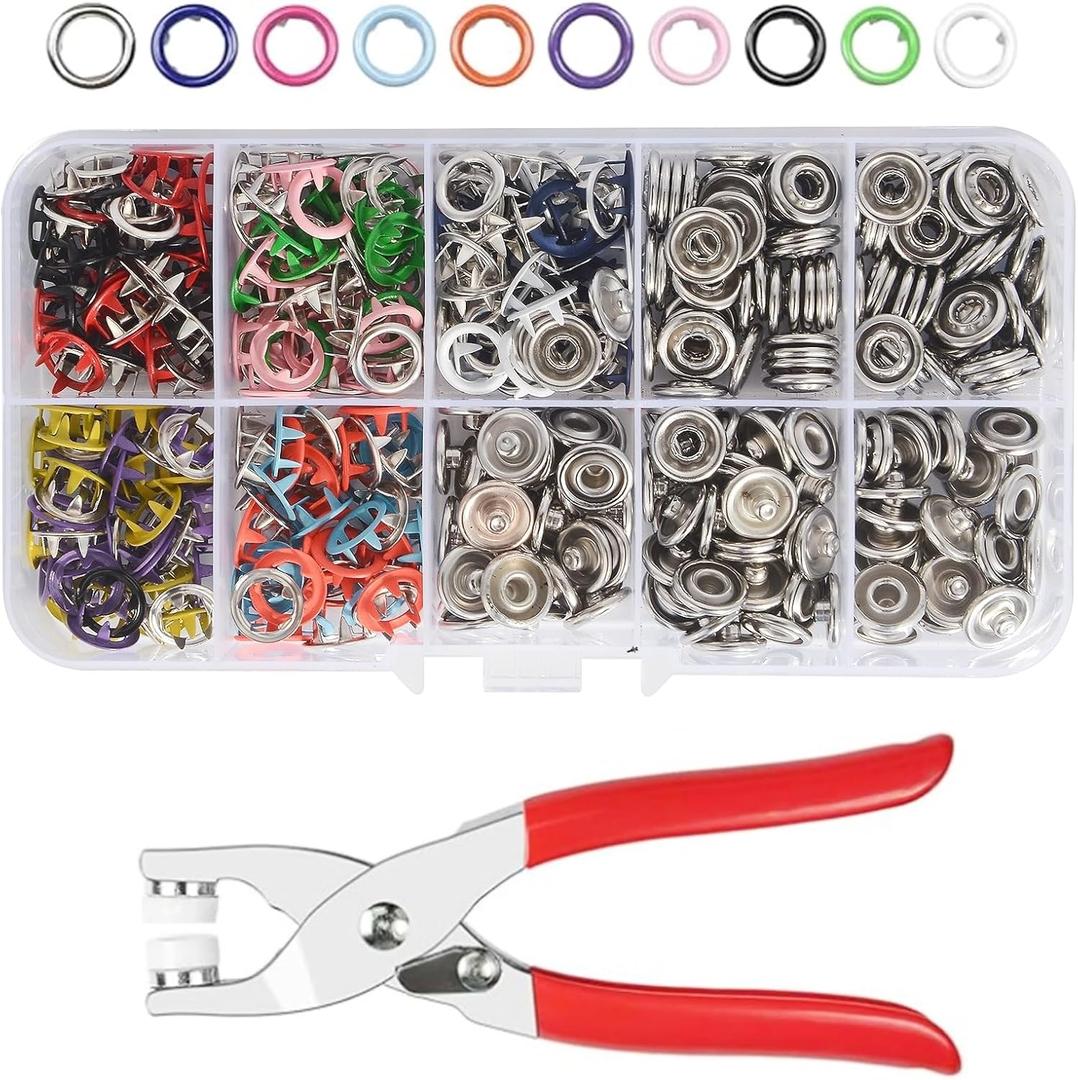 Snap Button Kit 100set, 9.5mm Snap Fasteners Kit with Pliers, Metal Snaps Kit with Tool, Five Claw Buckle Tool