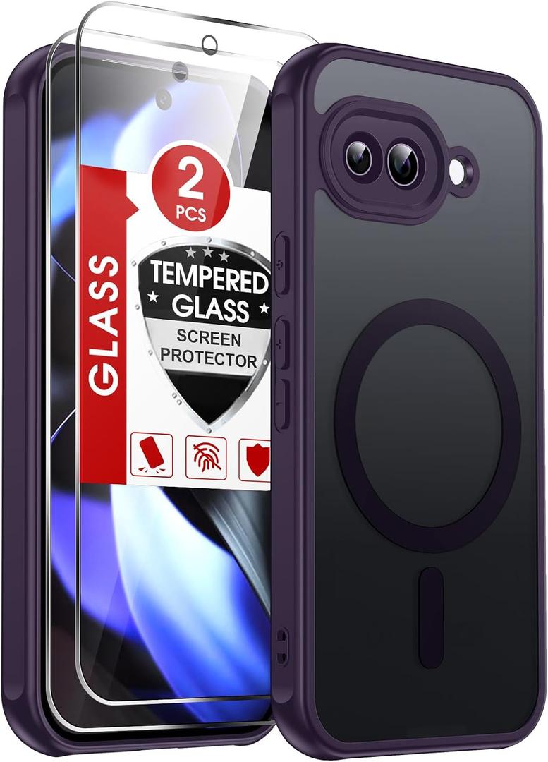 LeYi for Google Pixel-9A Case: Pixel 9A Phone Case with [2 Packs] Screen Protector, [Mag-Safe Fit] Matte Translucent Soft-Touch Silky & Full Body Shockproof para Basic Cell Case Pixel 9 A, Purple