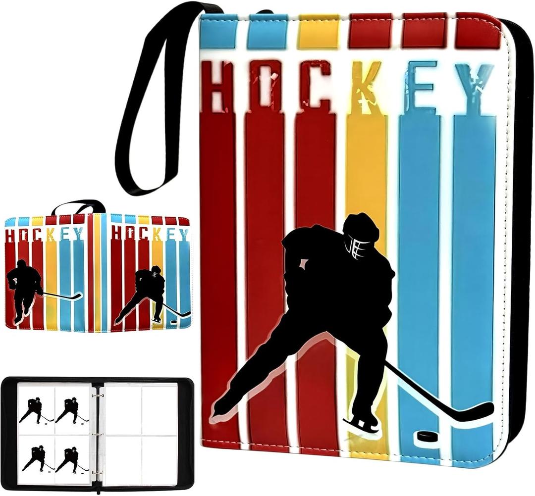400 Pocket Zippered Hockey Card Binder, 4-Pocket Trading Card Album with 50 Removable Sleeves, PU Leather Waterproof Sports Card Holder for NHL Hockey Cards Storage Display Case Gift