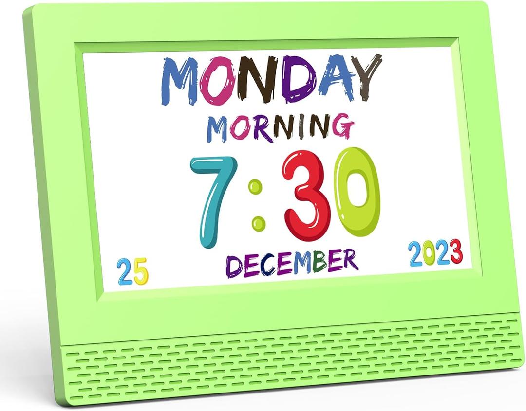 Kids Digital Alarm Clock Colorful, 7" Large LED Time Display Children's Sleep Trainer, Eye-Caring Digital Clock for Girls Boys Bedrooms Bedside, 17 Alarm Clock Settings Easy to Use Kids Birthday Gift (Green)